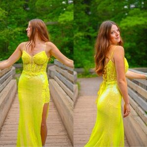 Elegant Neon Yellow Sequin Prom Dress